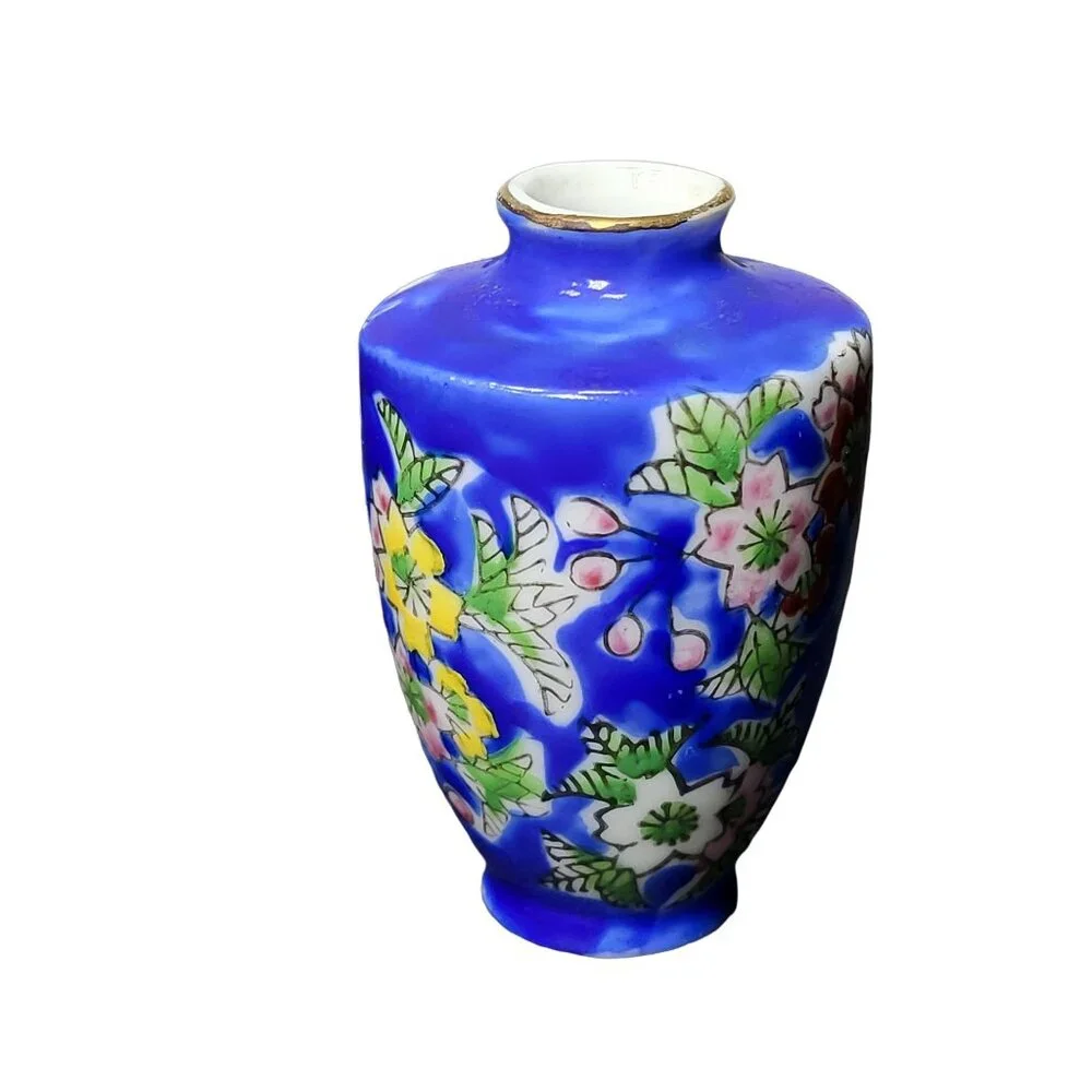 Vintage Japanese‎ Hand Painted Blue Mini Vase Miniature Dollhouse Decor